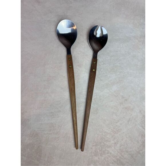 Vintage 1970s Stainless Steel Salad Fork Spoon Wood Handle Mid Century Modern Ja - Picture 1 of 5